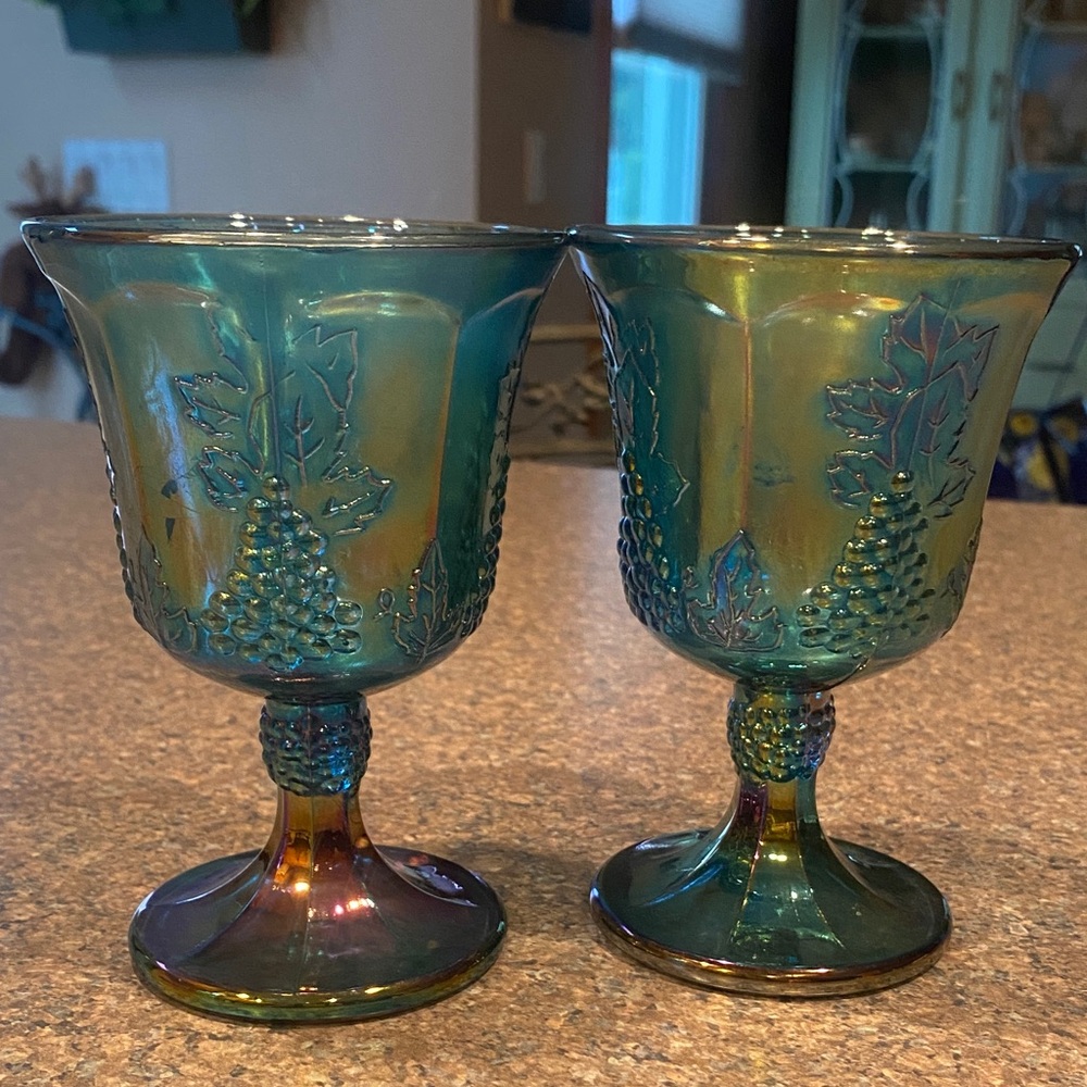 Vintage Peacock Blue Iridescent Carnival Glass Harvest Grape Wine Goblets